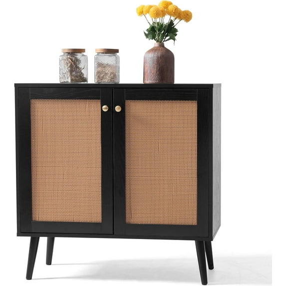 NUU GARDEN Buffet Cabinet with Storage, Storage Cabinet with Rattan Decor Doors, Buffet Rattan Cabinet, Storage Sideboard Cabinet, Credenza Sideboard for Kitchen, Hallway, Living Room, Black