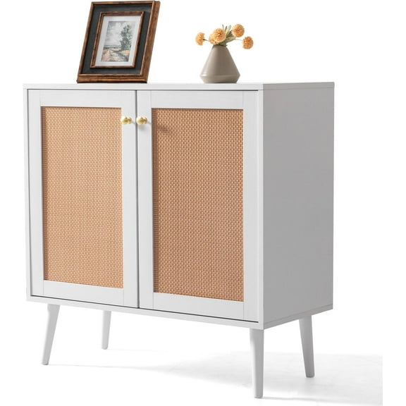 NUU GARDEN Buffet Cabinet with Rattan Decor Doors - Storage Sideboard for Kitchen, Hallway, Living Room - White