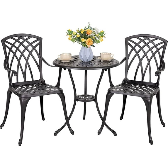 NUU GARDEN Patio Bistro Sets 3 Piece Cast Aluminum Bistro Table and Chairs Set with Umbrella Hole Bistro Set of 2 for Patio Backyard, Black