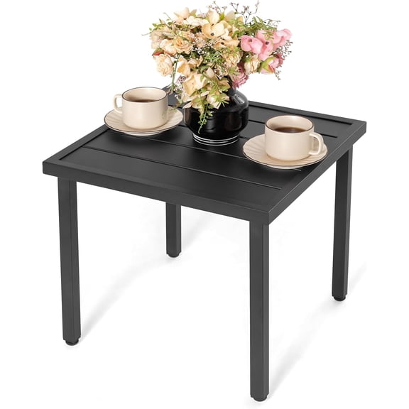NUU GARDEN Square Outdoor Side Table with Slatted Top and Adjustable Feet, Powder-Coated Metal Patio Table, All-Weather Patio Coffee Table for Backyard Pool Porch Garden Lawn, Black