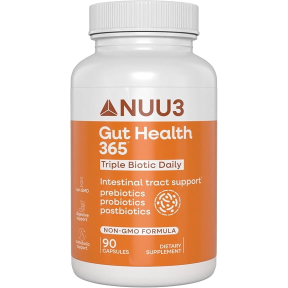 NUU3 Gut Health 365 - Prebiotic, Probiotic & Postbiotic Gut Support, 60ct
