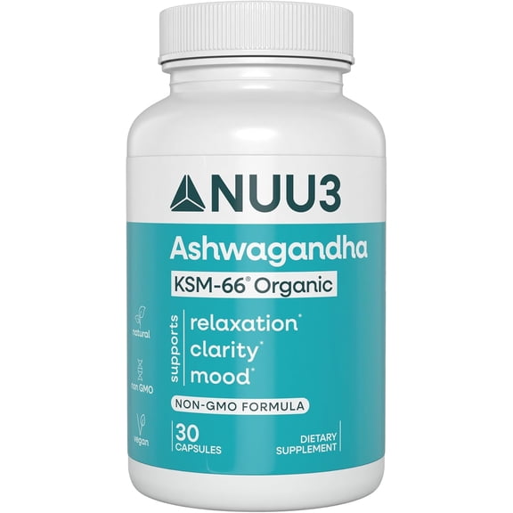 NUU3 Organic Ashwagandha KSM-66 Supplement - Stress Relief Support, 30ct
