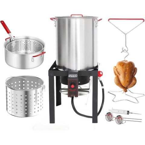 NUUK 30QT Turkey Fryer & 10QT Fish Fryer Kit, Outdoor Propane Burner 50,000 BTU, Seafood Boil Pot with Basket, Lid & Skimmer, Aluminum Deep Fryer for Crab, Crawfish & Thanksgiving Cooking