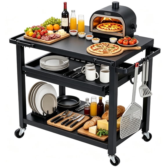 NUUK Outdoor Grill Cart 24x30 Inch, Stainless Steel Pizza Oven Table with Wheels, 3-Tier Rolling Prep Table, BBQ Cooking Station for Patio, Backyard