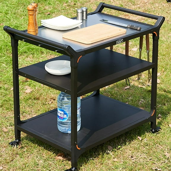 NUUK Outdoor Pizza Oven Table with Three-Shelf 24" x 32" Grill Cart Stainless Steel Rolling Prep Table with Solid Steel Frame, Outdoor Cooking Station Dining Bar Table