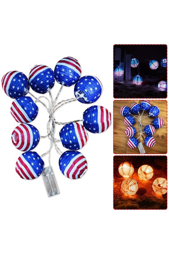 Battery Box LED String Lights American Flag 7.5cm Silk Lanterns 10 Lights Independence Day Decor for Home Party Porch Patio Memorial Day Veterans Day Holiday Decoration