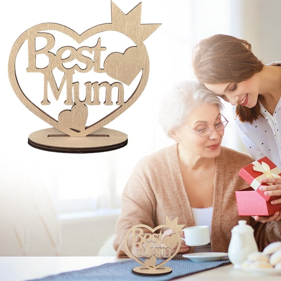 NUUUGTGB Heart Shape Best Mum Happy Mother's Day Wooden Table Ornament, DIY Cutout Letter Decor Plaque With Base Home Desktop Festival Holiday Gift Supplies