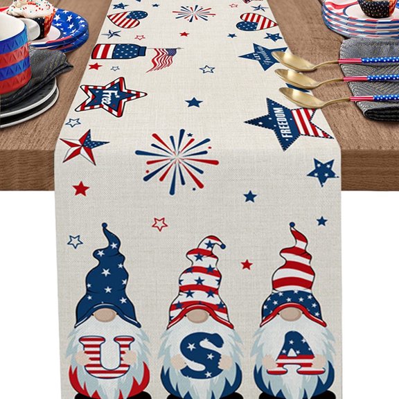 NUUUGTGB Vintage Independence Day Linen Table Runner, Patriotic Gnome Flag Star Holiday Coffee Table Banner, Northern European Style Home Kitchen Festival Party Decorative Supplies