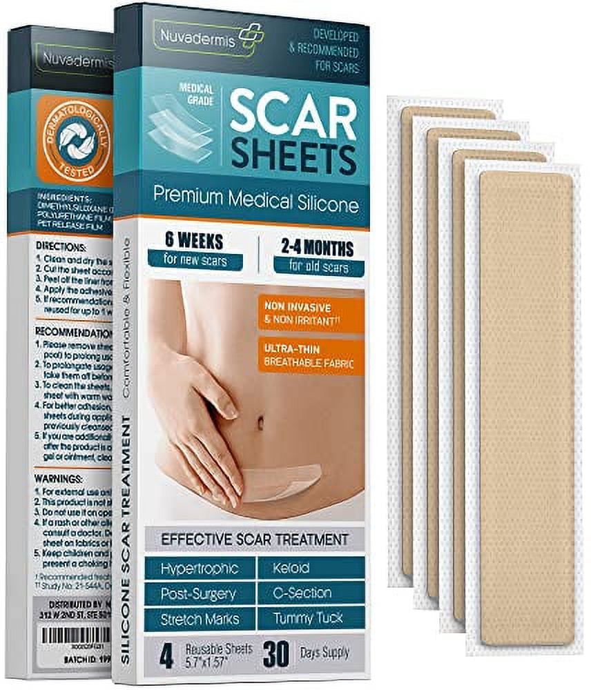 NUVADERMIS Silicone Scar Sheets, Tape, Strips - USA Tested - Healing  Keloid, C-Section, Tummy Tuck - As Surgical Cream, Gel, Patch, Bandage, Pad  