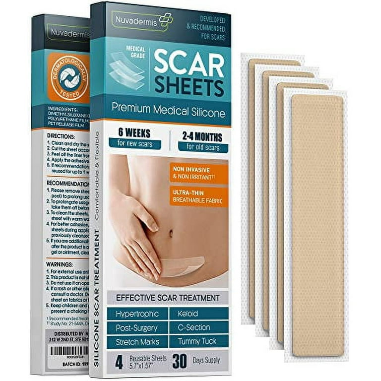 NUVADERMIS Silicone Scar Sheets, Tape, Strips - USA Tested - Healing  Keloid, C-Section, Tummy Tuck - As Surgical Cream, Gel, Patch, Bandage, Pad  - Surgery Scars Treatment - 4 Pack 5.7x1.57 