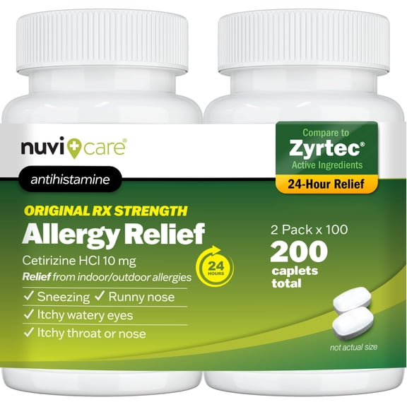 NUVICARE 24-Hour Allergy Medicine - Cetirizine Hydrochloride 10mg Tablets - Compare to The Active Ingredient in Zyrtec Antihistamine Meds - Generic Allergy Pills for All Day Allergy Relief (2 Pack)