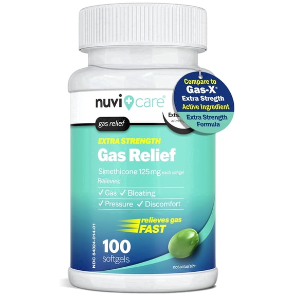 NUVICARE Extra Strength Gas Relief - Simethicone 125mg Softgels - Fast Anti Gas Bloating Relief - Compare to The Active Ingredient in Gas-X Anti Gas Pills - Stomach Gas Relief for Adults (100 Count)