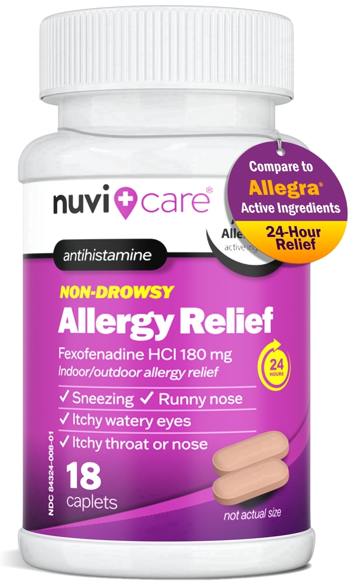 NUVICARE Fexofenadine 180mg 24 Hour - Fexofenadine Hydrochloride 180 mg Antihistamine for Allergy Relief, Hives, Runny Nose, Itching,  24 Hour Non Drowsy Allergy Medicine (18 Count)