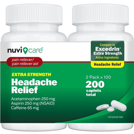 NUVICARE Headache Relief with Acetaminophen 250 mg, Aspirin (NSAID) 250 mg, Caffeine 65 mg - Temporary Relief of Minor Aches & Pains - Compare to Excedrin Extra Strength Pain Reliever (2 Pack)