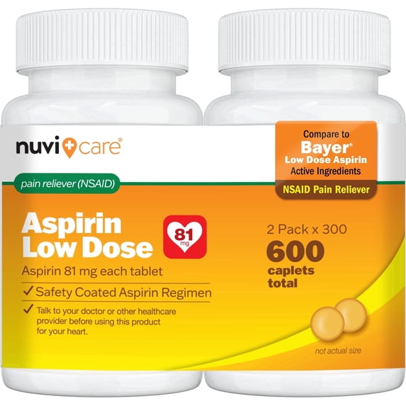 NUVICARE Low Dose Aspirin 81mg for Adults Coated Caplets - Compare to Active Ingredient in Low Dose Bayer Aspirin 81mg for Adults (2 Pack)