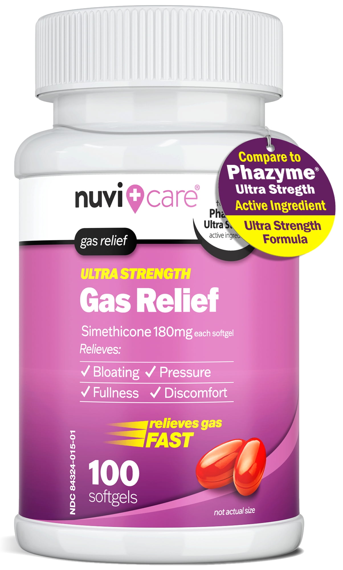 NUVICARE Ultra Strength Gas Relief - Simethicone 180mg Softgels - Anti Gas and Bloating Relief - Compare to The Active Ingredient in Phazyme Anti Gas Pills - Stomach Gas Relief for Adults (100 Count)