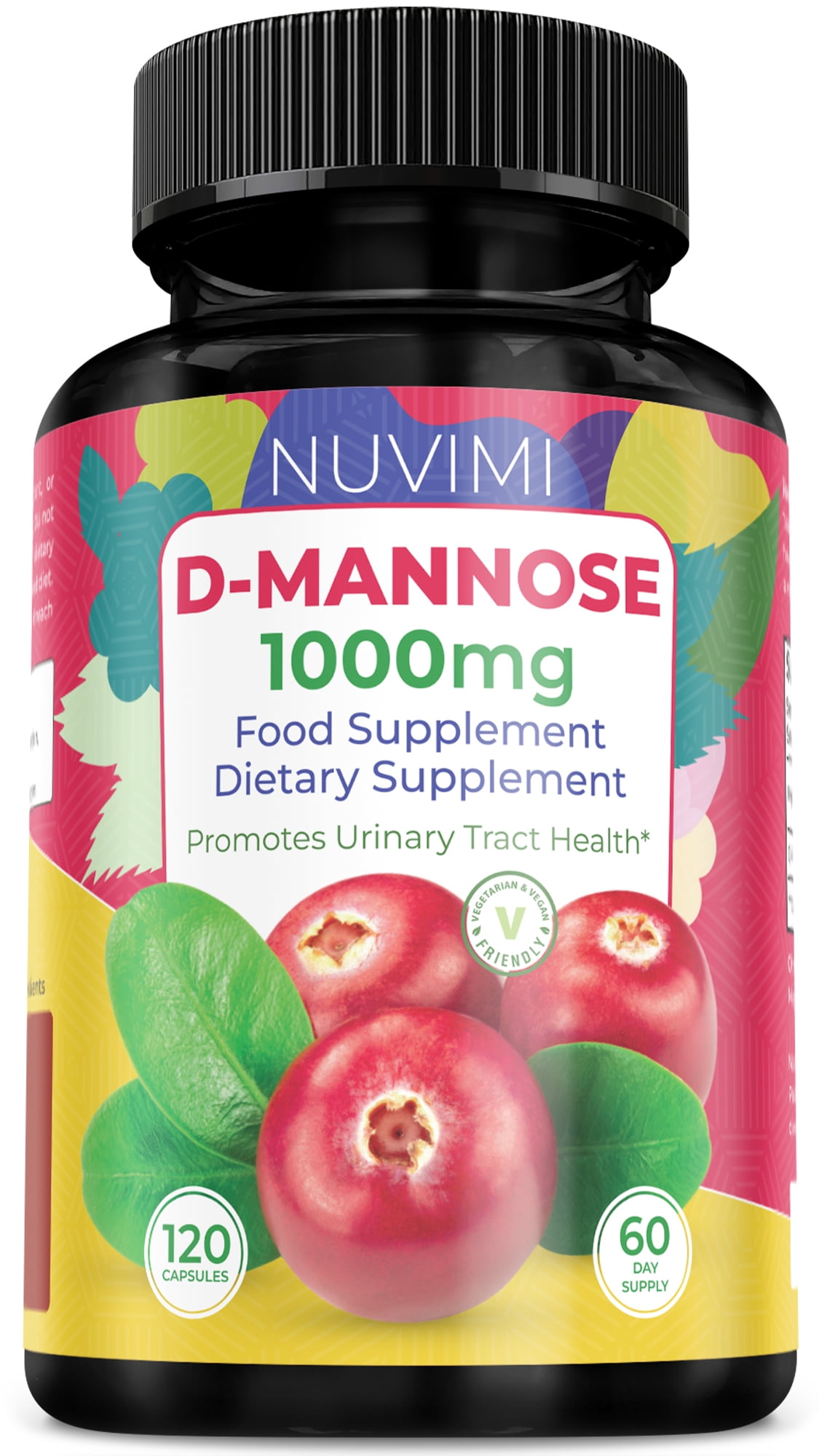 NUVIMI D-Mannose 1000 mg Natural Dietary Health Supplement for UTI Prevention Support, 120 Vegan Capsules