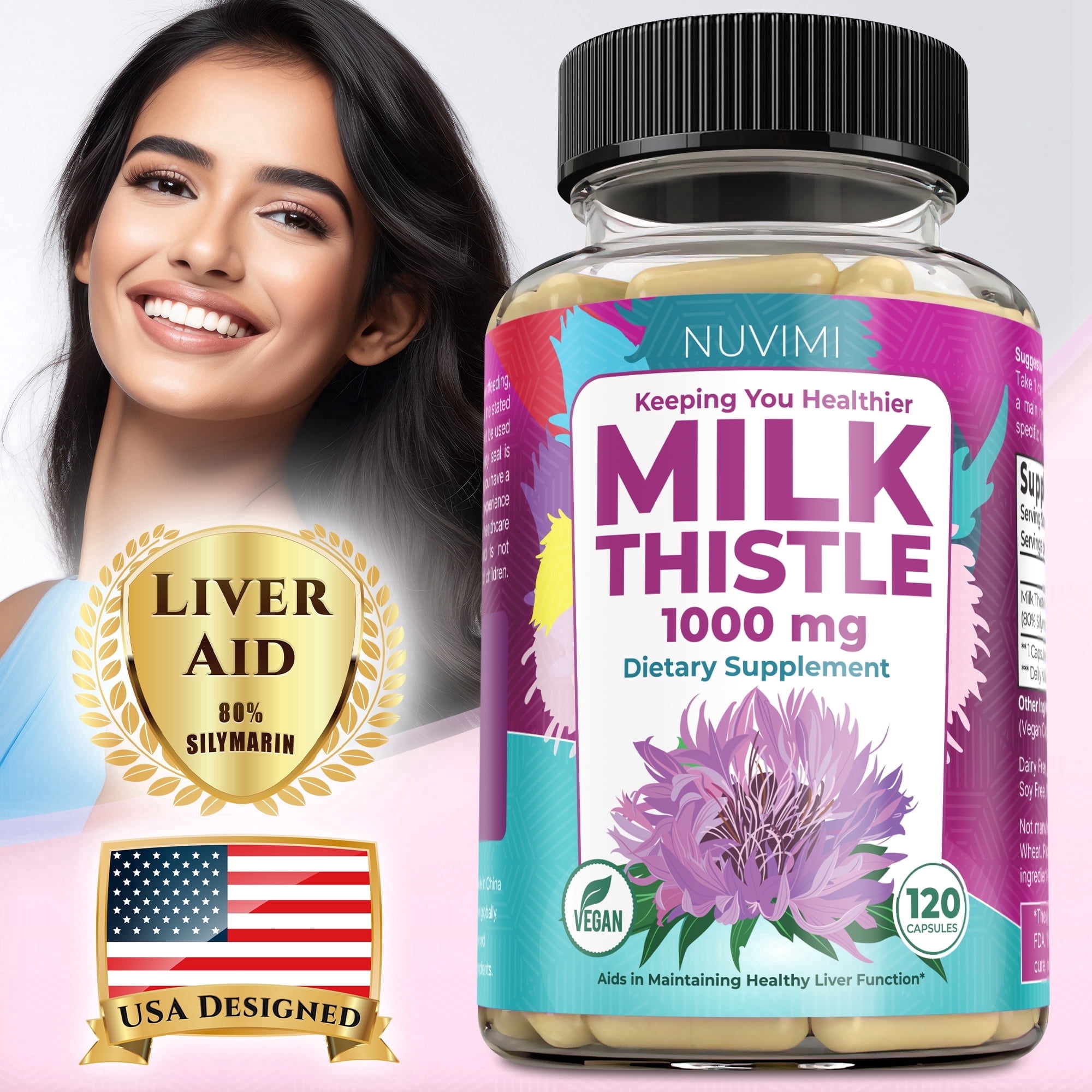 NUVIMI Milk Thistle Dietary Supplement 1000 mg 80% Silymarin 40:1 Extract 120 Vegan Capsules