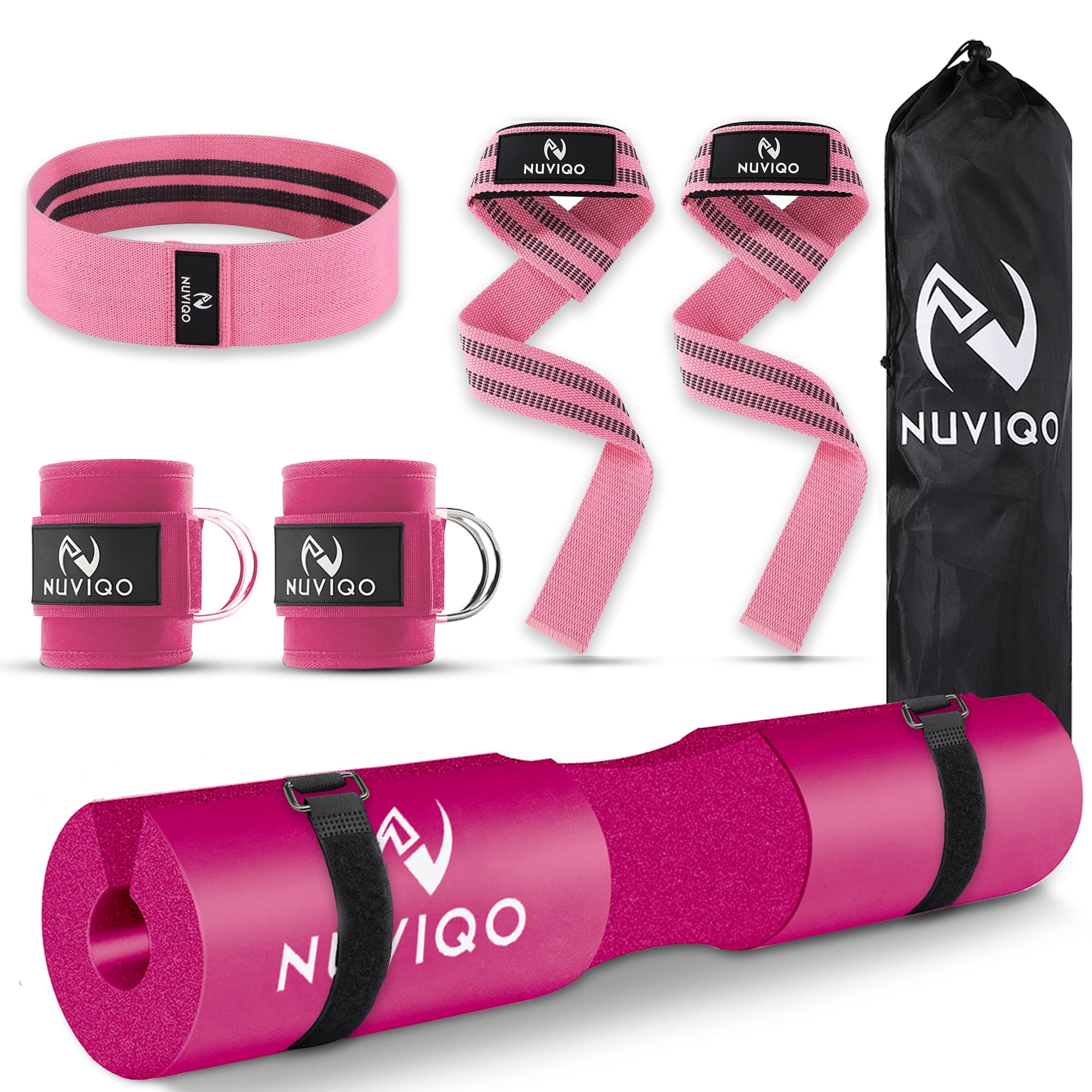 NUVIQO 9 Pcs Gym Accessories Set Featuring Barbell Pad with 2 Safety Straps - 2 Ankle Straps for Cable Machine - 2 Weight Lifting Straps - Hip Resistance Band - Carry Bag for Hip Thrust Pad (Pink)