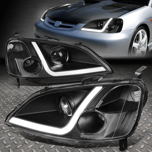 Nuvision for 01-03 Honda Civic Coupe Sedan LED DRL Projector Headlight Lamps Black/Clear
