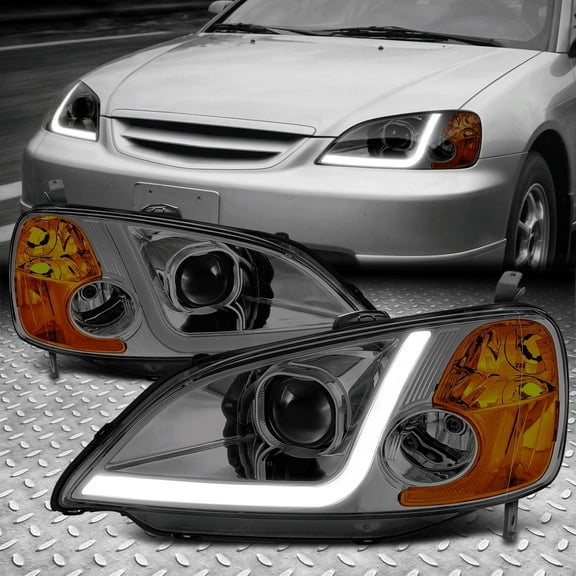 Nuvision for 01-03 Honda Civic LED DRL Projector Smoked Headlight Headlamps Left+Right