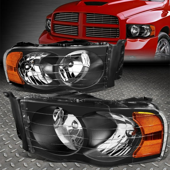 NUVISION for 02-05 Dodge Ram 1500 2500 3500 Black Housing Amber Corner Headlight Lamps