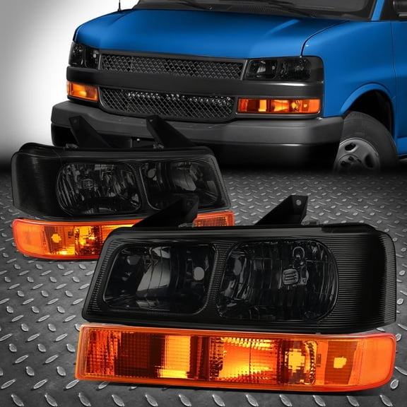 NUVISION for 03-24 Chevy Express GMC Savana Smoked Headlights Amber Bumper Lamp Assembly