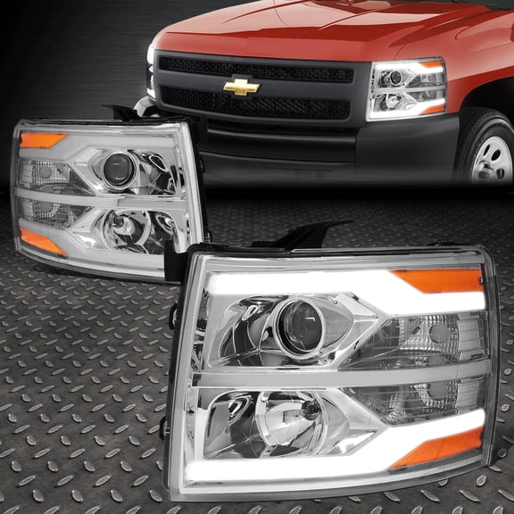 Nuvision for 07-14 Chevy Silverado Dual LED DRL Tube Projector Headlight Chrome/Amber