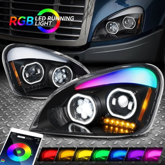 Nuvision for 08-17 Freightliner Cascadia Gattling RGB LED DRL Projector Headlights Balck