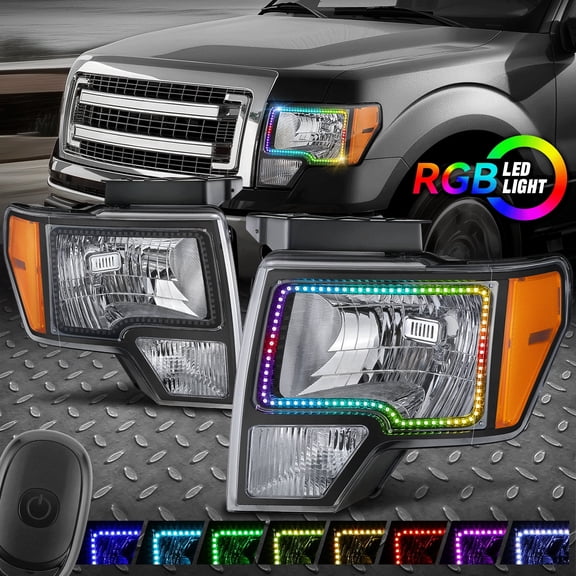 Nuvision for 09-14 Ford F-150 Halo Ring RGB LED DRL Headlight Lamps Black/Amber