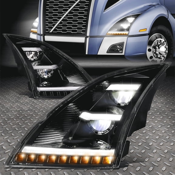 Nuvision for 18-24 Volvo VNL VNR Trucks LED DRL Sequential Signal Headlight Lamps Black