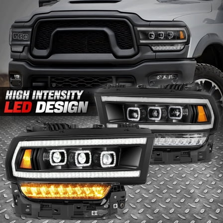 Nuvision for 19-24 Ram Truck Black Start-Up LED DRL Sequential Tri-Projector Headlights