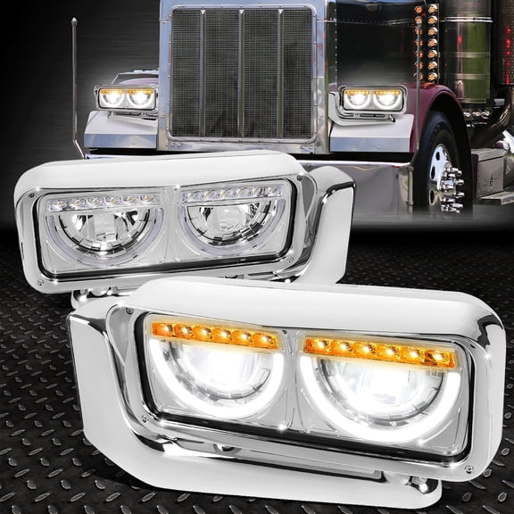 Nuvision for 81-21 Peterbilt 359 379 389 Full LED U-Halo DRL Turn Signal Headlight Chrome