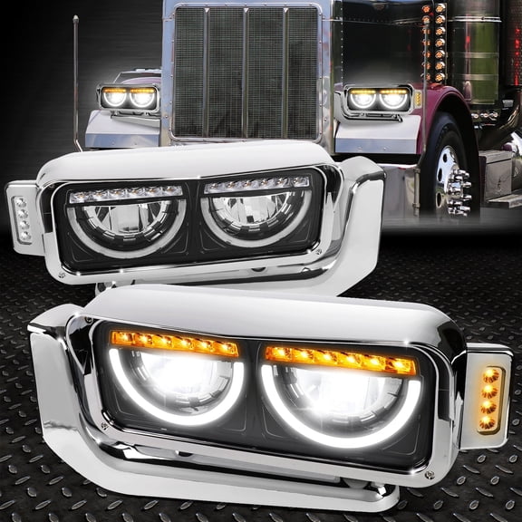Nuvision for 81-21 Peterbilt 359 379 389 LED U-Halo DRL Turn Signal Headlights Black