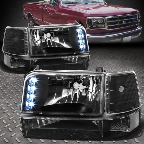 NUVISION for 92-96 Ford F150 F250 F350 LED DRL Headlight Lamps Black/Clear
