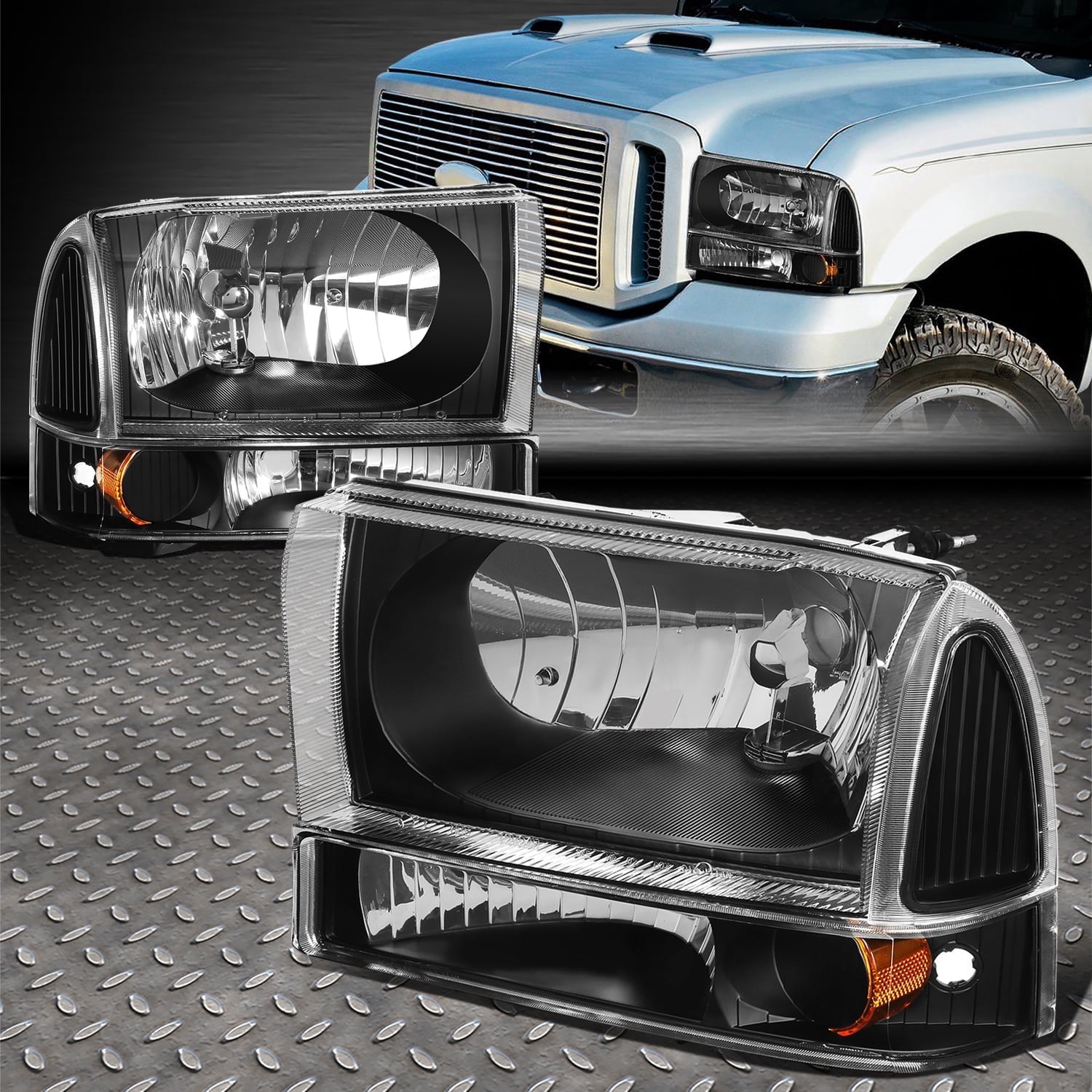 99-04 Ford F250 F350 Super Excursion Black Headlights 1pc Upgrade Dual