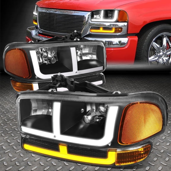 Nuvision for 99-07 Sierra Yukon Switchback F-LED DRL Turn Signal Headlights Black/Amber