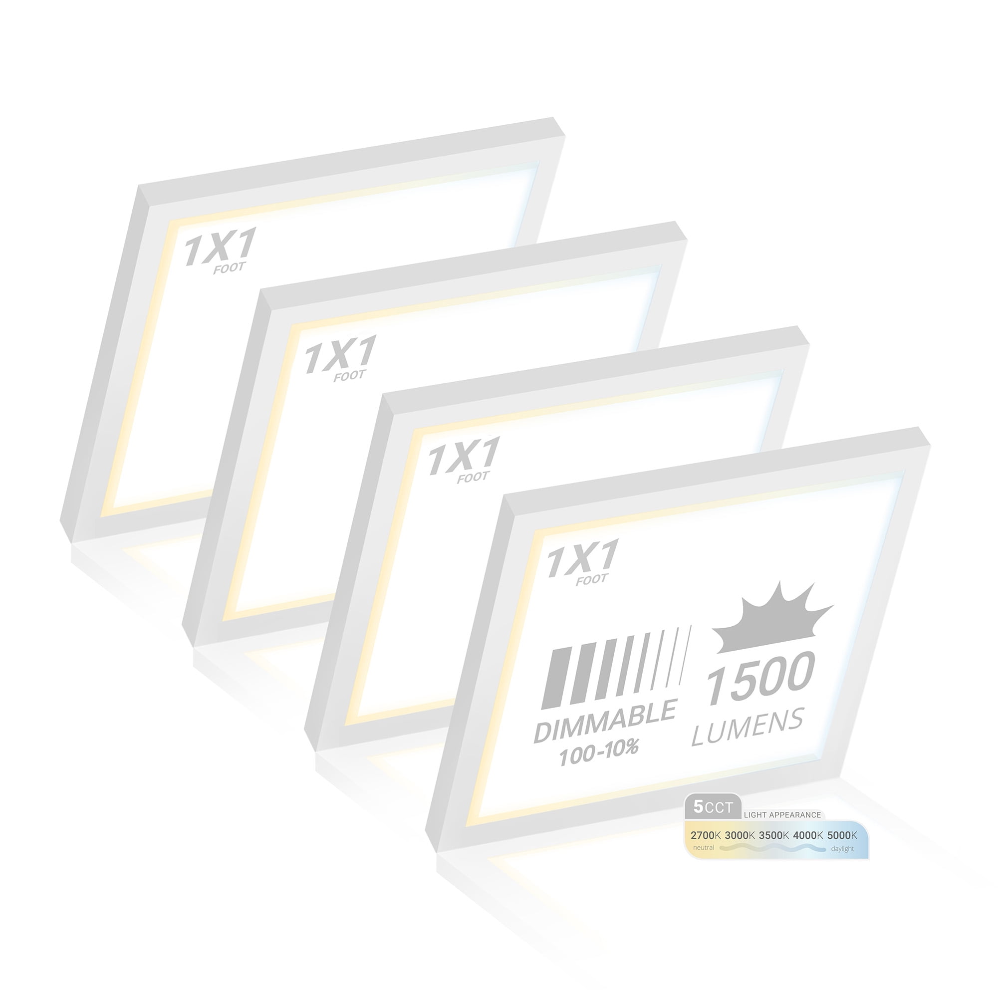 NUWATT 4 Pack, 1x1 Flat Panel LED Square Light, 5CCT 2700K/3000K/3500K/4000K/5000K Selectable, 1500LM 18W, Internal Driver, Dimmable, 120V, CRI90, 12" Inch Square Surface Mount Ceiling Light, 1" Thic