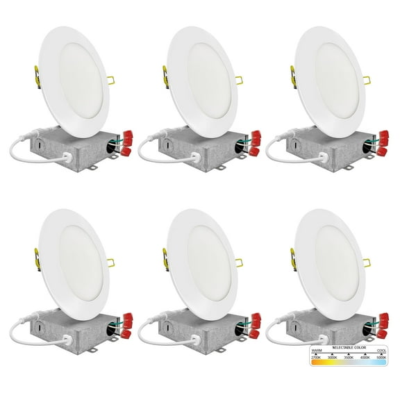 NUWATT 3 Inch Slim Recessed LED Ceiling Light (6 Pack) 6W, 5 CCT: 2700K-5000K, 420 lumens, 120V, Dimmable, IC Rated, w/ J Box, White Trim