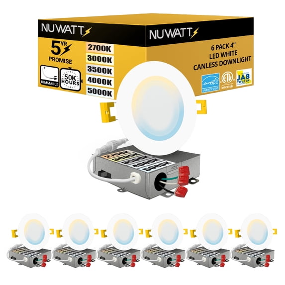 NUWATT 6 Pack, 4 Inch Ultra-Thin LED Recessed Lighting, 5CCT 2700K/3000K/3500K/4000K/5000K Selectable, 630LM, 9W, IC Rated, Dimmable Slim Panel Light, White Trim Canless Wafer With Junction Box, ETL