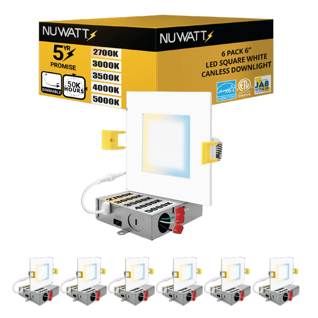NUWATT 6 Pack 6 Inch Square Ultra-Thin LED Recessed Lighting, Selectable 2700K/3000K/3500K/4000K/5000K, High Brightness 1050 Lumens Dimmable, White Canless Slim Wafer Light, IC Rated, Metal J-Box
