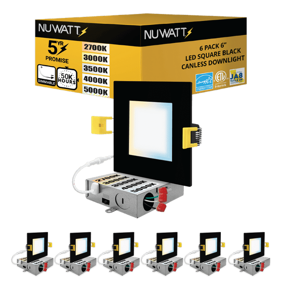 NUWATT 6 Pack 6 Inch Square Ultra-Thin LED Recessed Lighting, Selectable 2700K/3000K/3500K/4000K/5000K, High Brightness 1050 Lumens, Dimmable Black Slim Wafer Light, IC Rated, Metal Junction Box