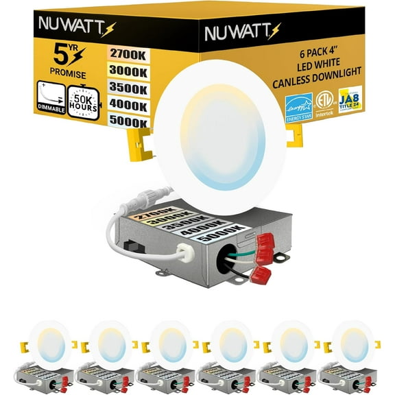 NUWATT 6 Pack, 4 Inch Ultra-Thin Recessed LED Lights Brushed Nickel, 5CCT 2700K/3000K/3500K/4000K/5000K Selectable, 630LM, 9W, IC Rated, Dimmable, Canless Downlight With Junction Box, Energy Star, ETL
