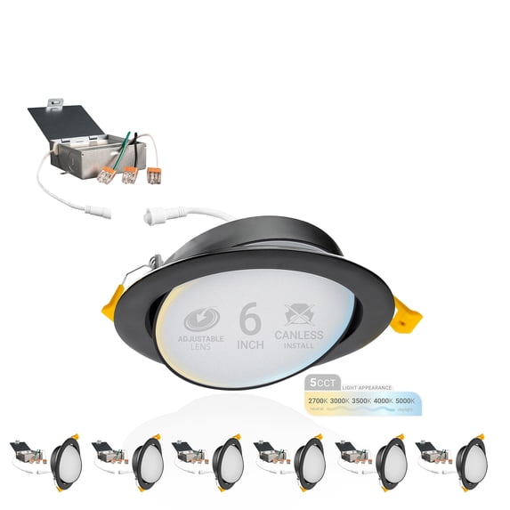 NUWATT 6 Inch Black Gimbal LED Recessed Lighting Canless Wafer Lights, 5CCT 2700K/3000K/3500K/4000K/5000K, Dimmable, 1050LM, 12W, Downlight Adjustable Recessed Swivel LED Sloped Ceiling Light, 6 Pack