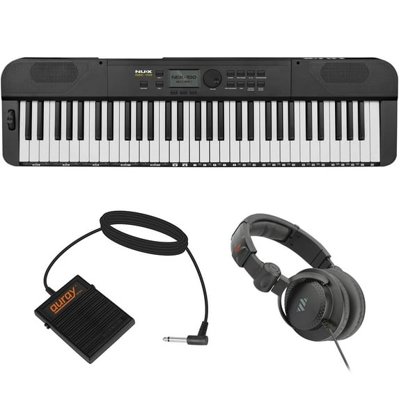 NUX NEK-100 Digital Keyboard, 61 Keys with Touch Response Bluetooth Connection Bundle with FP-S1L Universal Sustain Pedal and Polsen Studio Monitor Headphones