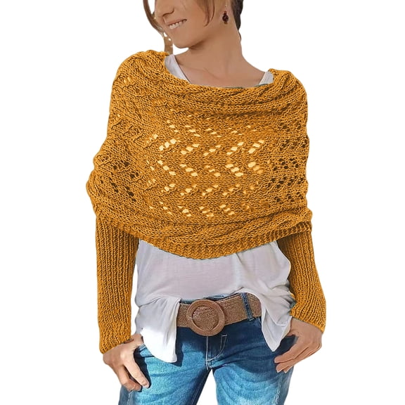 NUZYZ 1/2Pcs Knitted Cable Wrap with Sleeves Bohemian Style Sweater Scarf Open Stitch Hollow Crochet Braided Scarf Shawl,Yellow