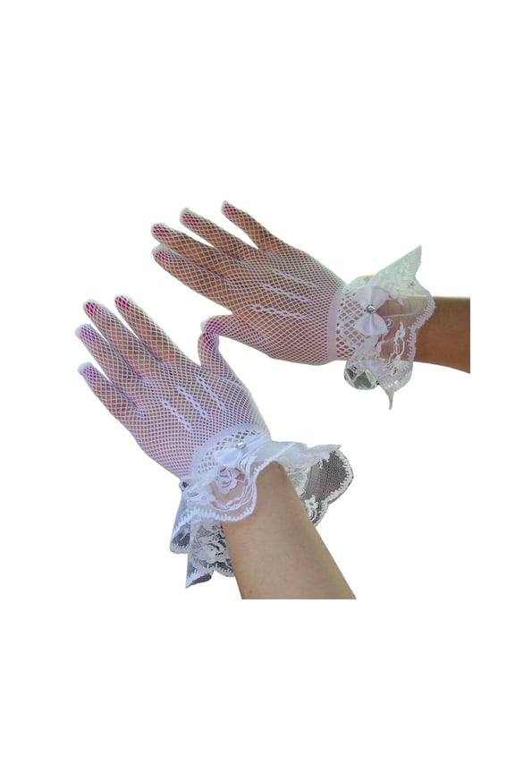 1 Pair Women Prom Gloves See-through Lace Bow Faux Pearl Decor Hollow Out Fishnet Ruffle Edge Thin Full Finger Performances Bride Wedding Gloves,White