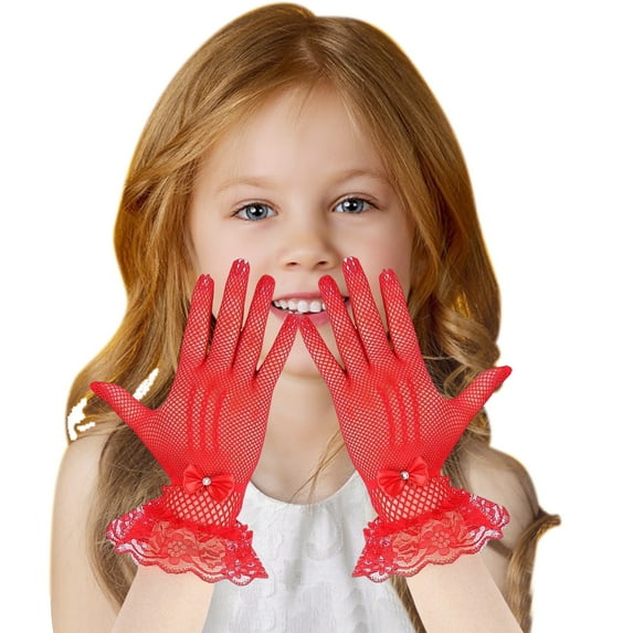 NUZYZ 1 Pair Women Prom Gloves See-through Lace Bow Faux Pearl Decor Hollow Out Fishnet Ruffle Edge Thin Full Finger Performances Bride Wedding Gloves,Black