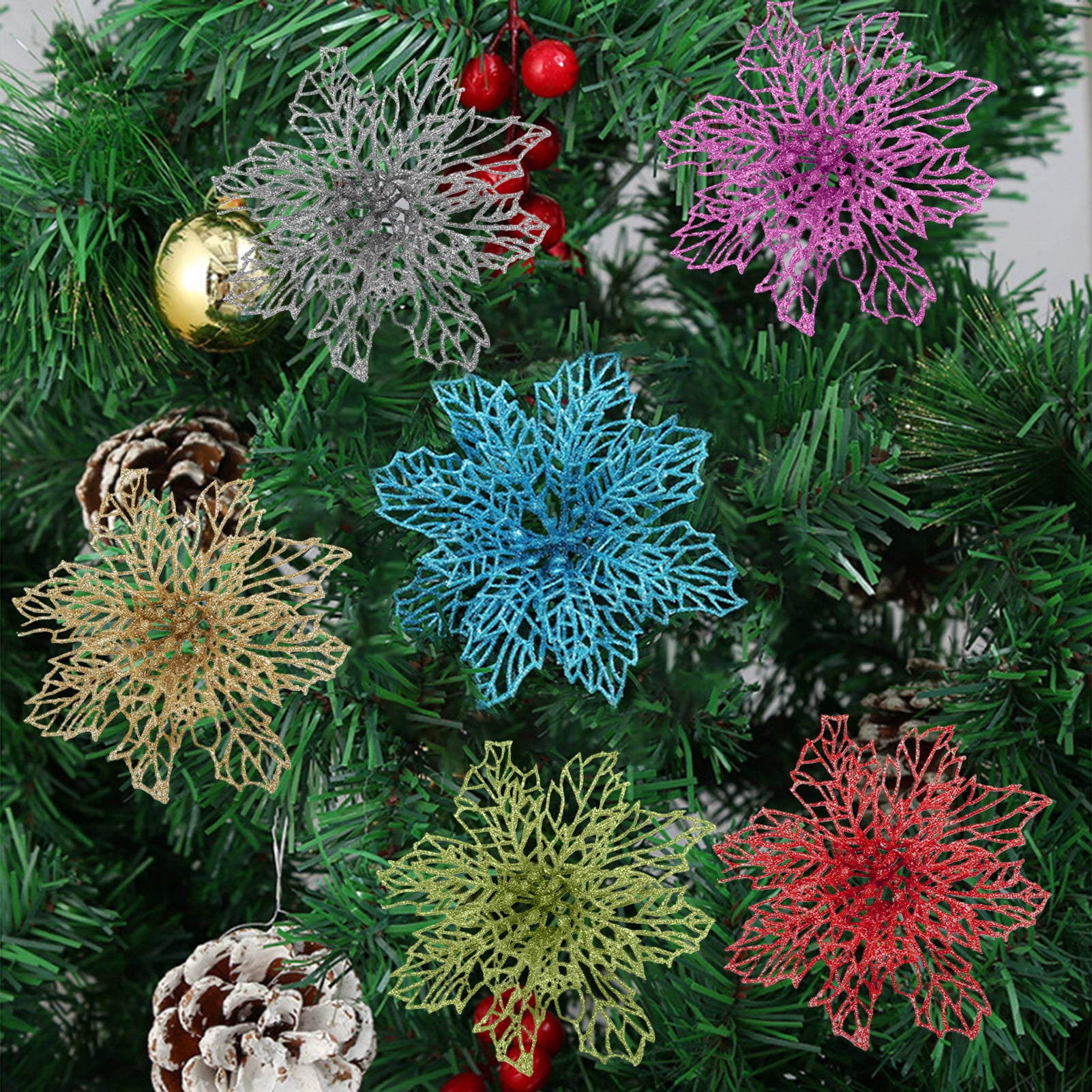 NUZYZ 15cm Decorative Glitter DIY Christmas Flower Large Hollow Fake