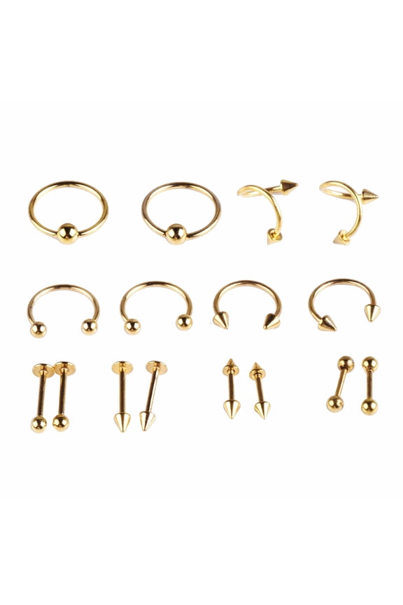 16Pcs Lip Nose Eyebrow Stud Belly Tongue Rings Body Piercing Tool Jewelry Golden